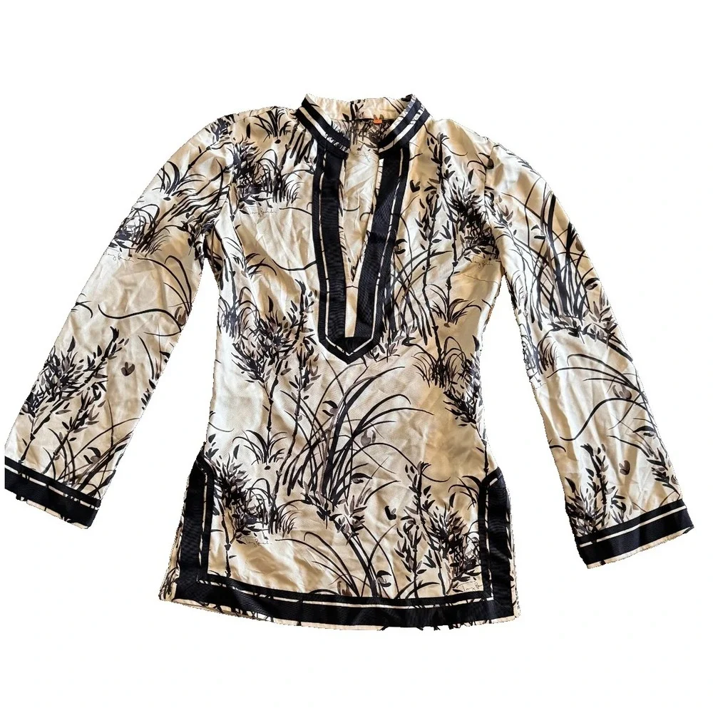 Tory Burch Ivory &black Tunic Blouse Kaftan Top Embellished Silk 8 V-neck- Read